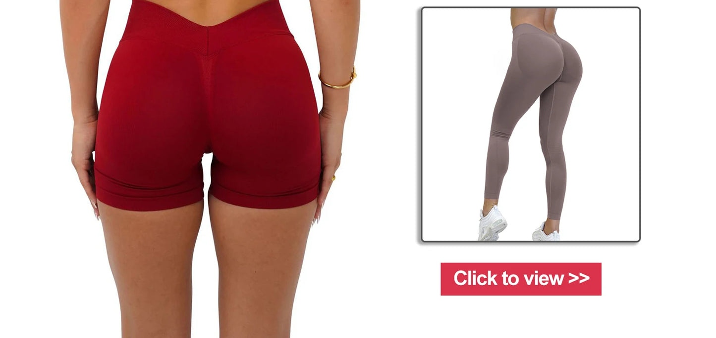 Seamless sports bra for women shown worn with red shorts and gray leggings for activewear