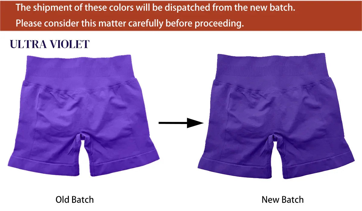 KiKis ultra violet high waist gym shorts for women showing old batch and new batch color comparison