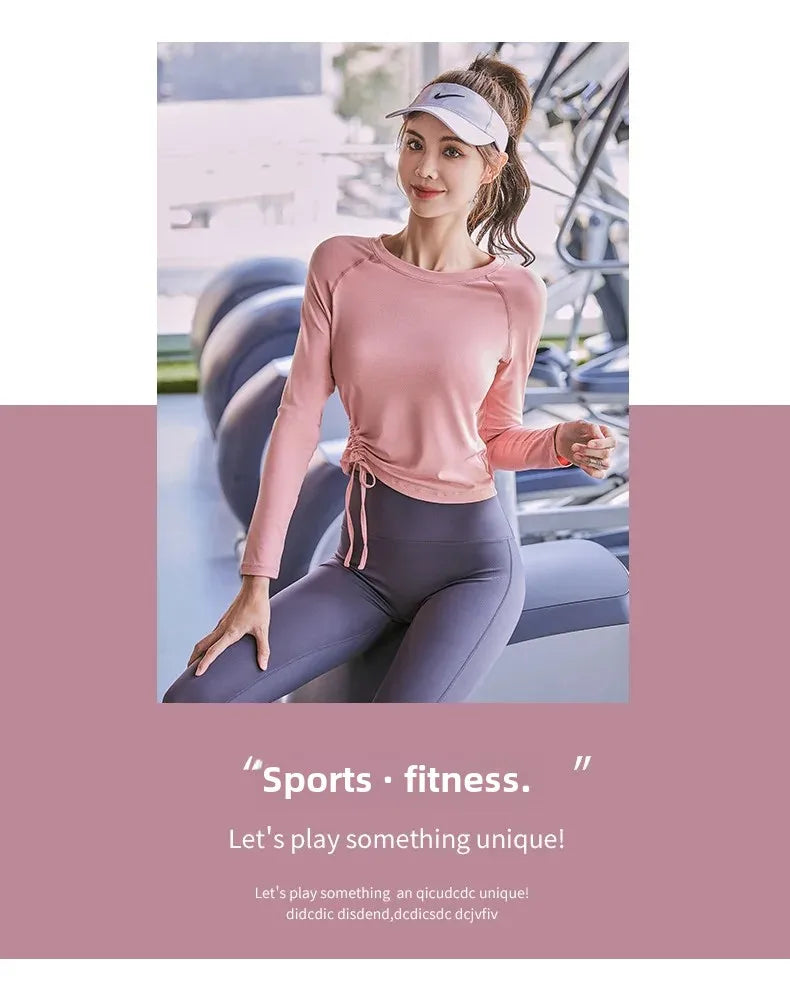 KiKis women's long sleeve yoga top in pink with adjustable side ties for fitness and sports
