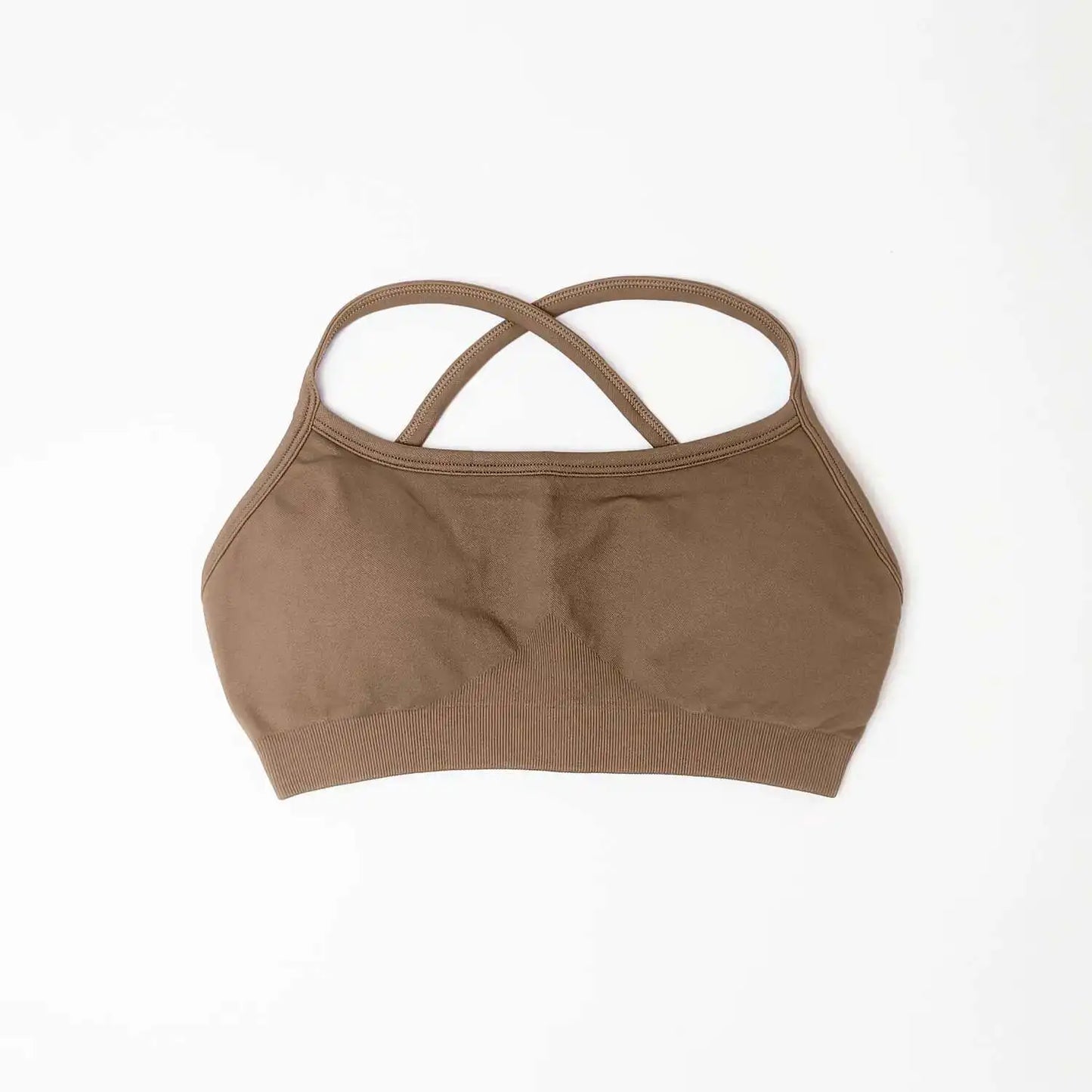 KiKis seamless sports bra for women in brown with crossed back straps for comfortable support