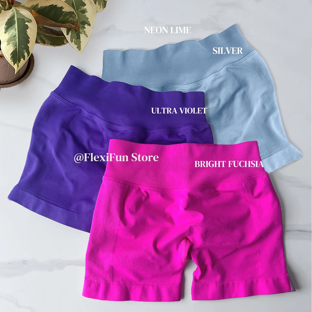 KiKis high waist gym shorts for women in bright fuchsia, ultra violet, and silver colors