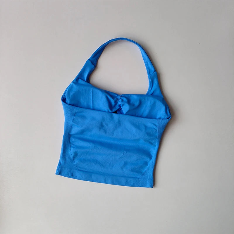 Blue KiKis halter neck sports bra for women with soft fabric and supportive fit