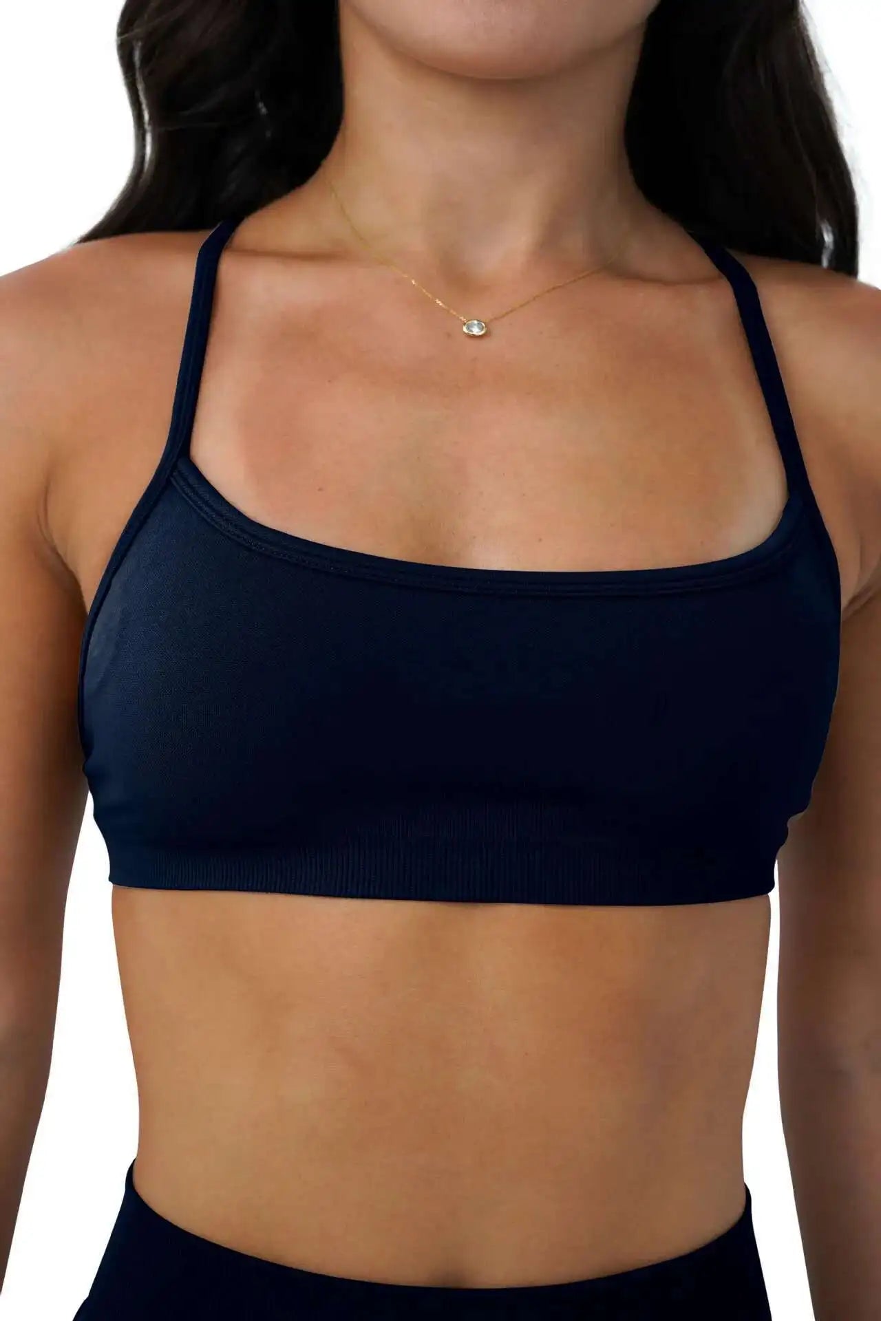 KiKis seamless sports bra for women in navy blue with thin straps and square neckline