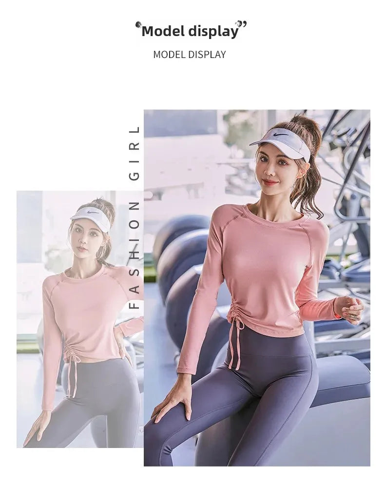 Women wearing KiKis pink women's long sleeve yoga top paired with gray leggings and a white visor