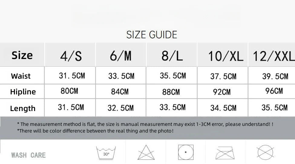 Size guide chart for yoga running skirt shorts for women by KiKis with waist, hipline, and length measurements