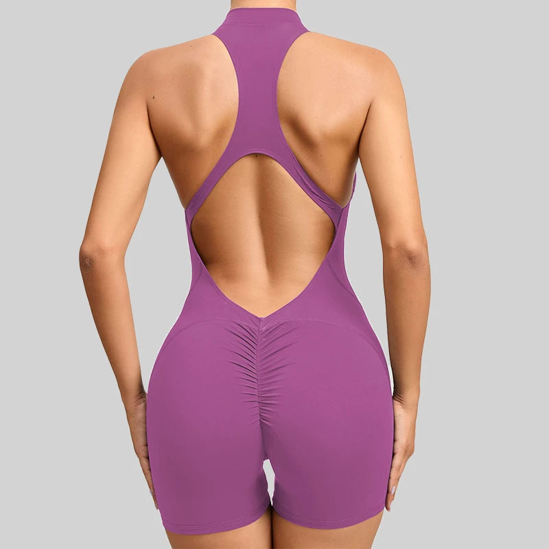 Sleeveless Workout Romper with Open Back Design