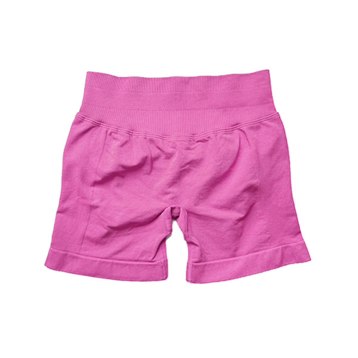 Pink high waist gym shorts for women with a wide elastic waistband and cuffed legs
