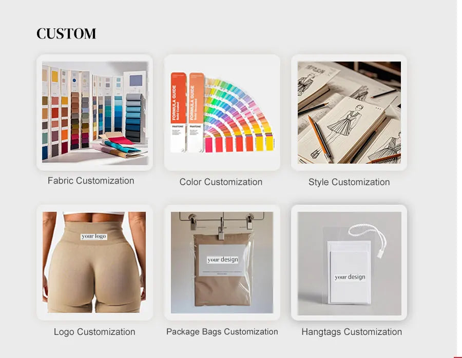 Customization options for high waist gym shorts for women including fabric, color, style, logo, packaging, and hangtags