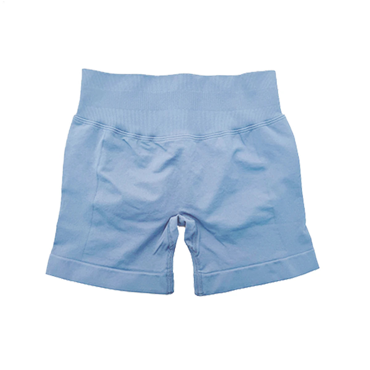 Light blue high waist gym shorts for women with a wide waistband and fitted leg openings