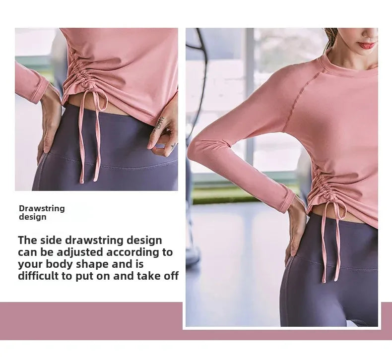 KiKis women's long sleeve yoga top in pink with adjustable side drawstring design for a customized fit