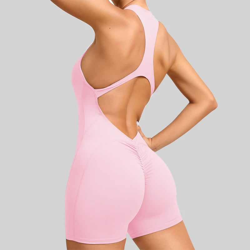 Sleeveless Workout Romper with Open Back Design