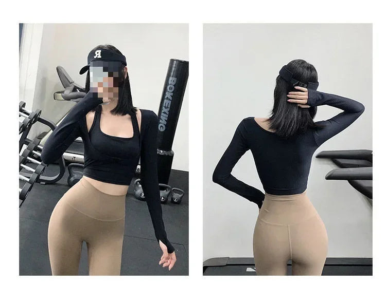 Sexy women's yoga crop top in black with long sleeves worn by model in gym setting showing front and back views