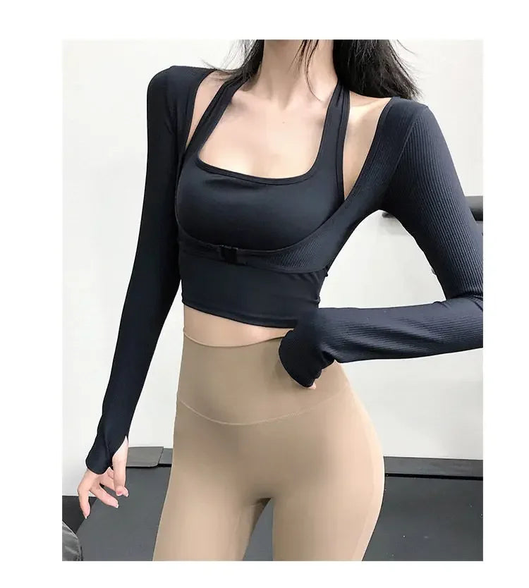 KiKis black sexy women's yoga crop top with long sleeves and square neckline worn with beige leggings