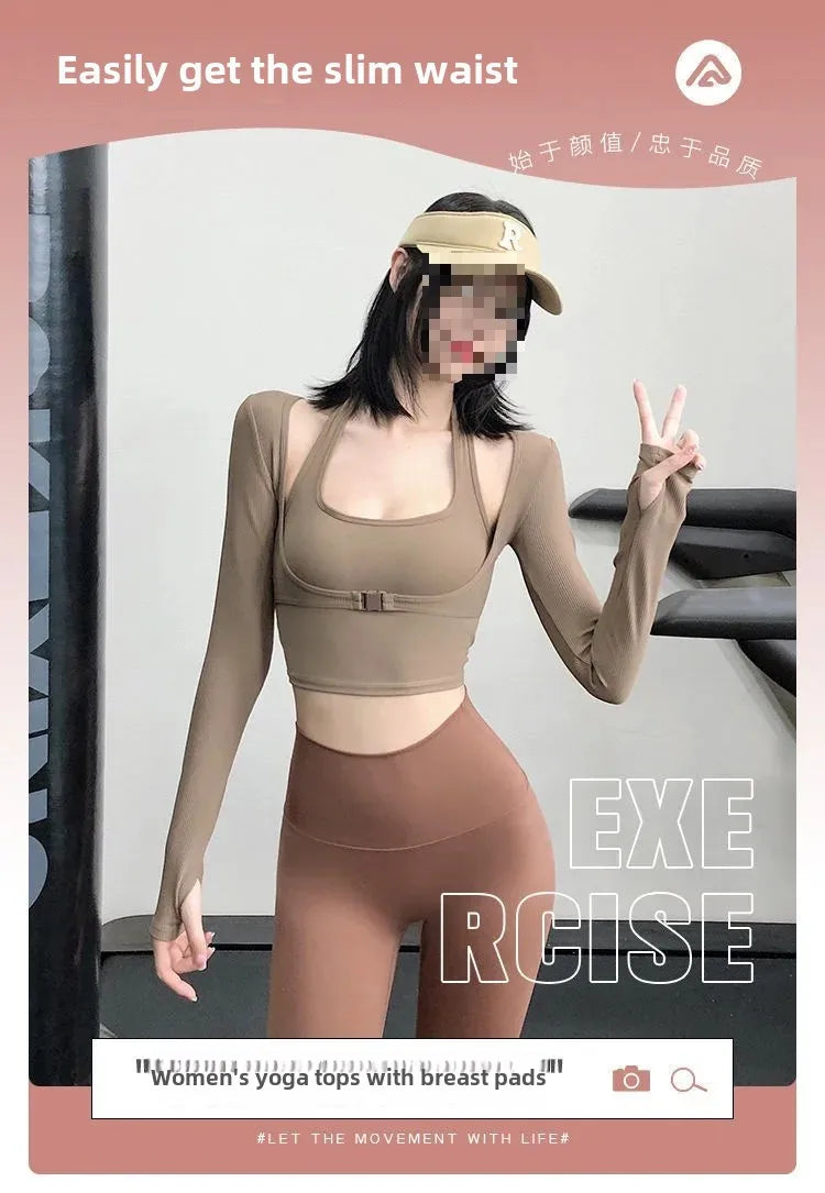 Sexy women's yoga crop top in beige with long sleeves and square neckline by KiKis