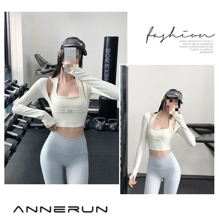 Sexy women's yoga crop top by KiKis in cream color worn with light gray leggings at gym