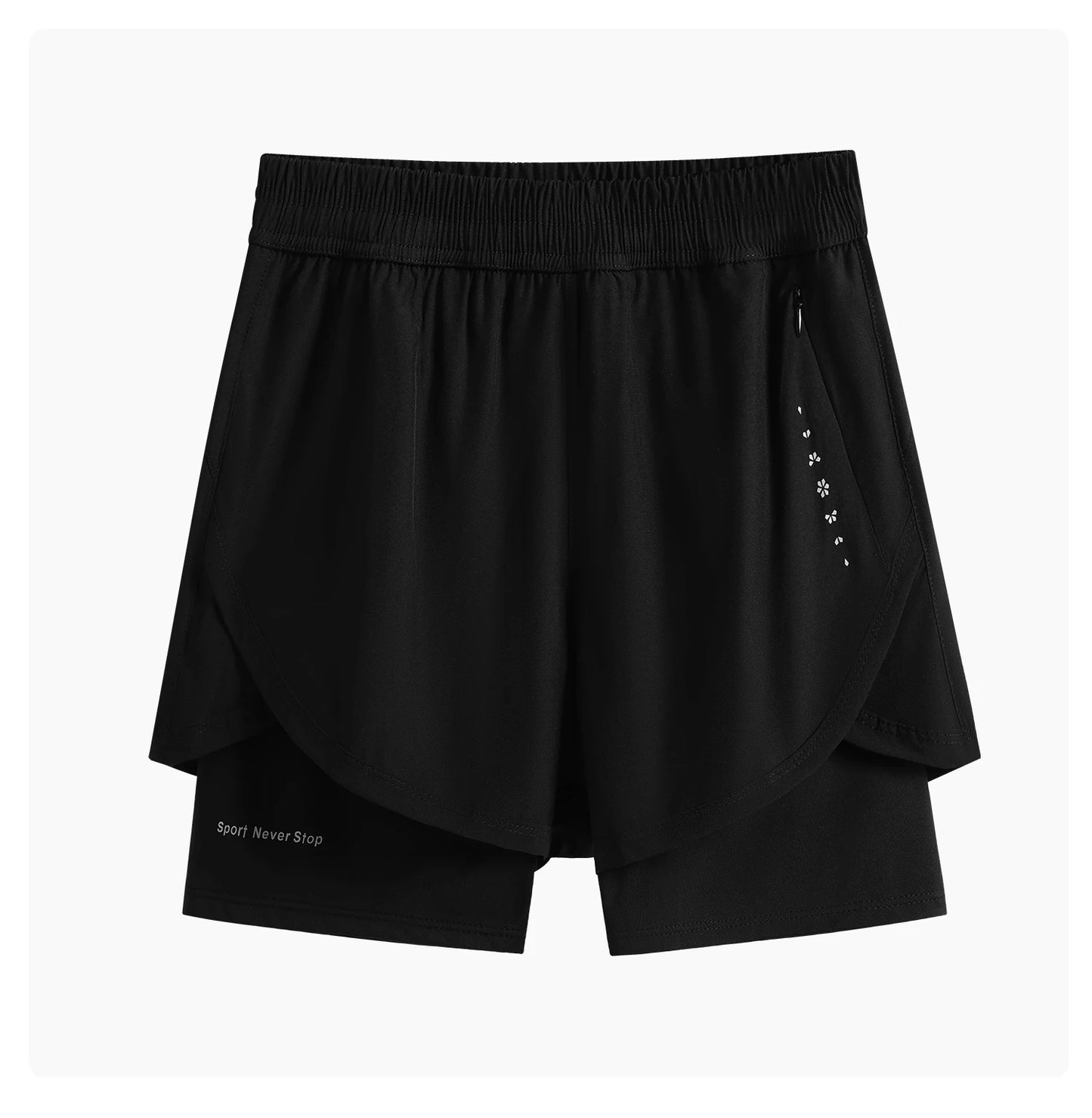 KiKis black high waist running shorts for women with inner compression layer and side zip pocket
