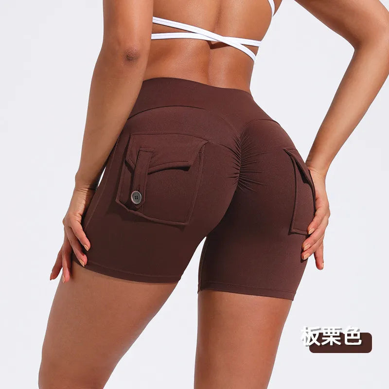 KiKis brown women's scrunch booty shorts with back pockets and high waist design