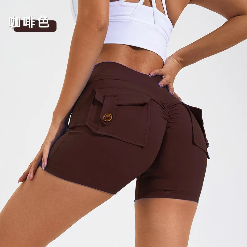 KiKis women's scrunch booty shorts in brown with back pockets and fitted high waist
