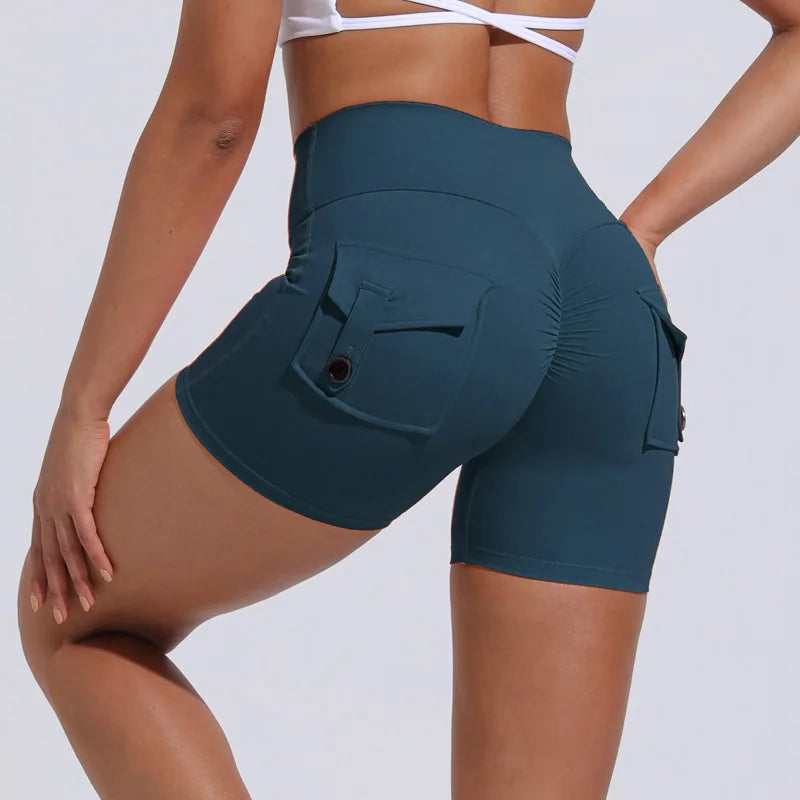 KiKis women's scrunch booty shorts in teal with high waist and back pockets