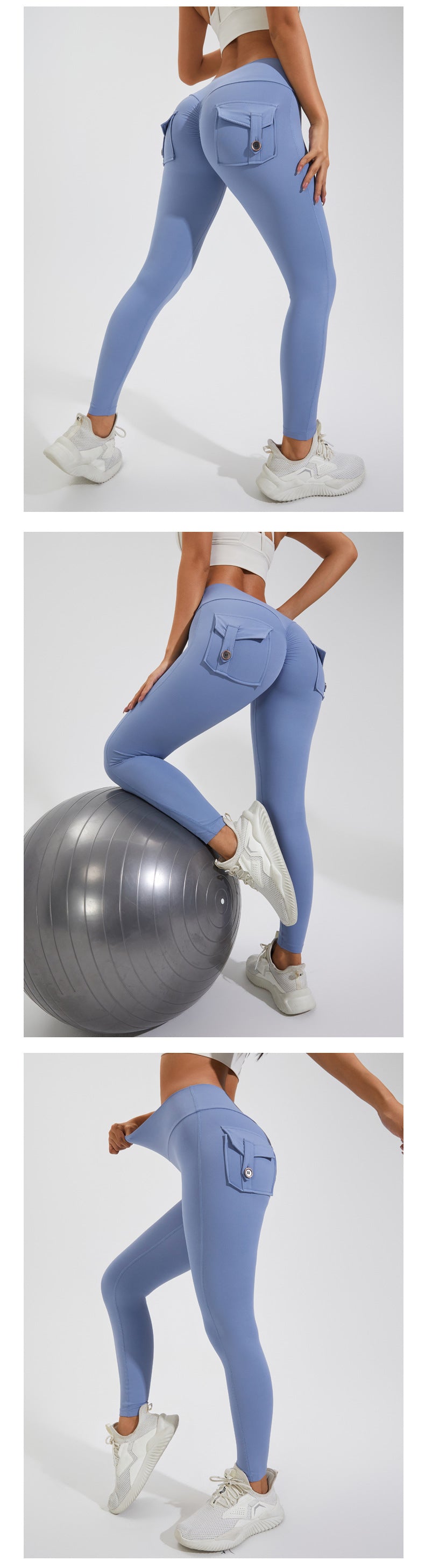 KiKis women's scrunch booty shorts in blue shown in various workout poses with white sneakers