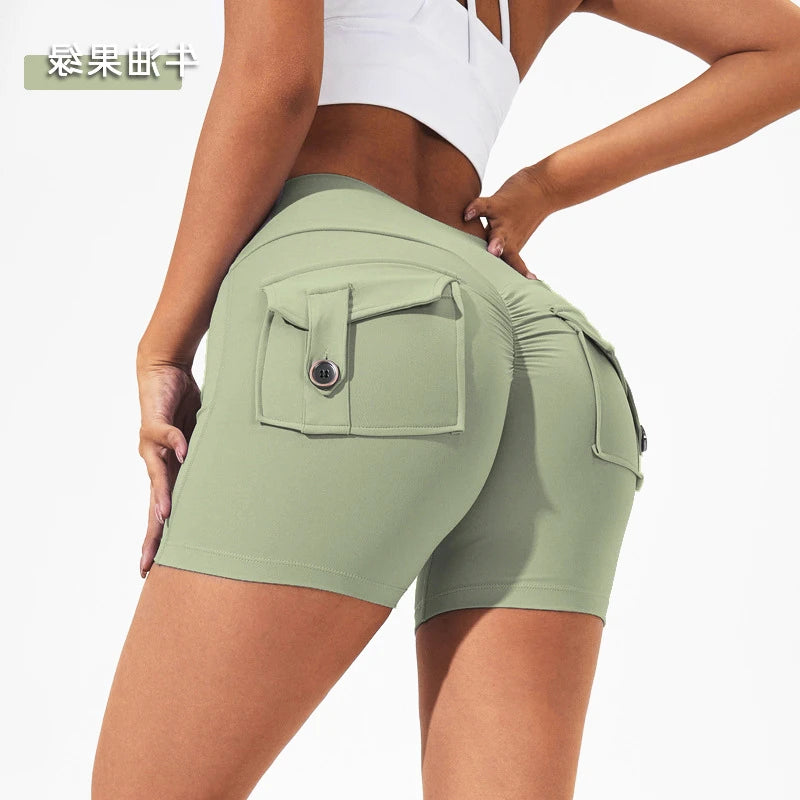 KiKis women's scrunch booty shorts in olive green with back pockets and high-waist fit
