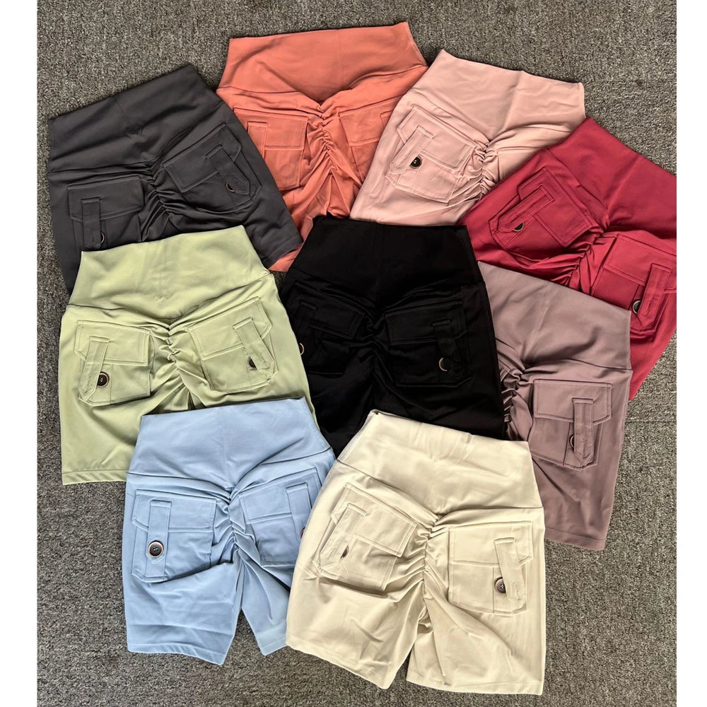 KiKis women's scrunch booty shorts in multiple colors with back pockets and ruched design