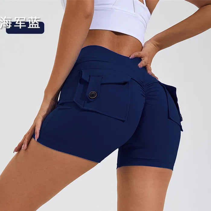 KiKis women's scrunch booty shorts in navy blue with back pockets and button details
