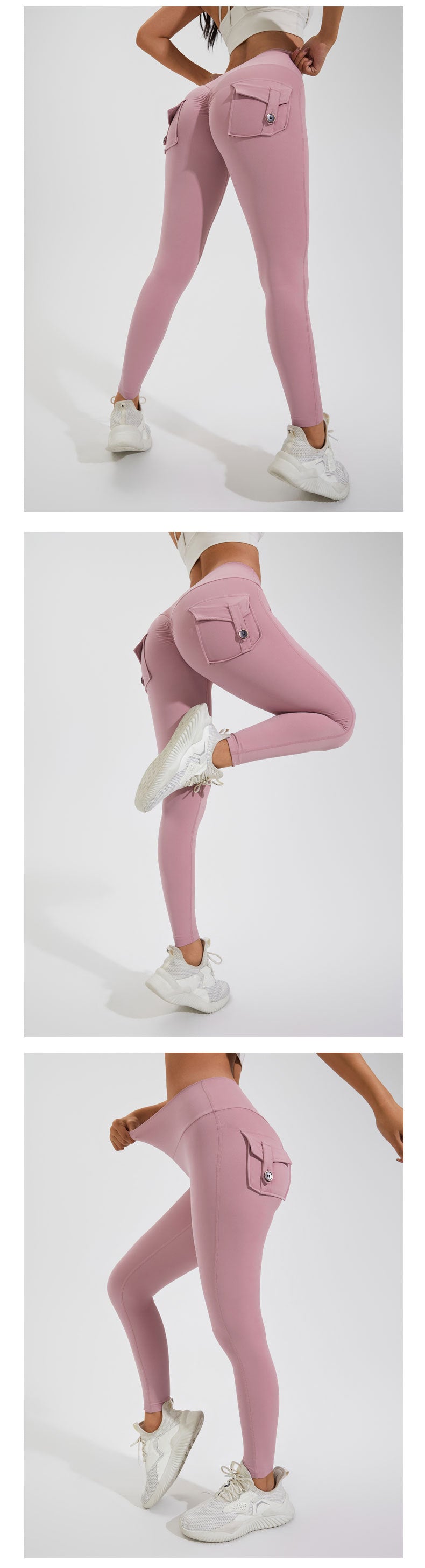 KiKis women's scrunch booty shorts in pink shown from various angles with white sneakers