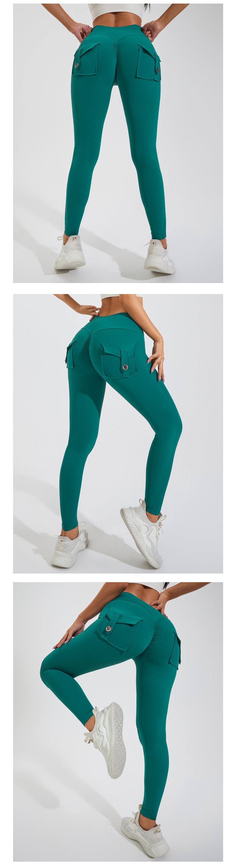 KiKis women's scrunch booty shorts in teal with pockets and stretchy fabric shown from multiple angles