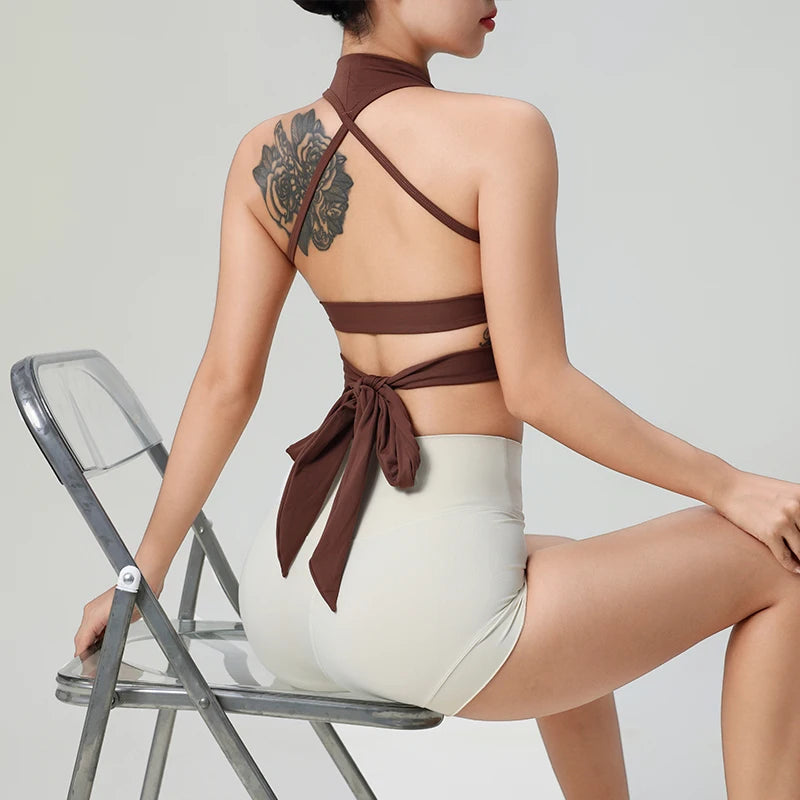 KiKis comfortable workout tank tops for women with open back and tie detail in brown