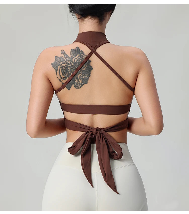 KiKis comfortable workout tank tops for women in brown with open back and tie detail