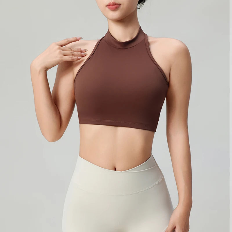 KiKis brown high neck comfortable workout tank tops for women paired with white leggings