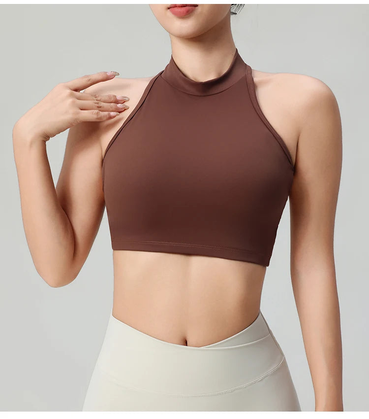 KiKis brown comfortable workout tank tops for women with high neck design and sleeveless fit