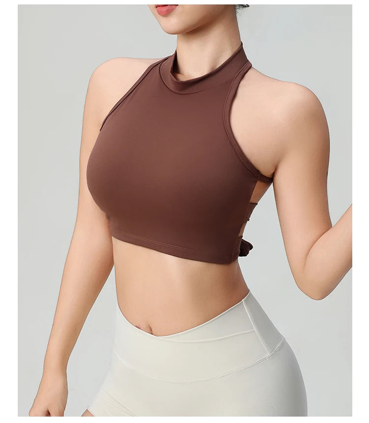 KiKis brown comfortable workout tank tops for women with racerback design and high neckline
