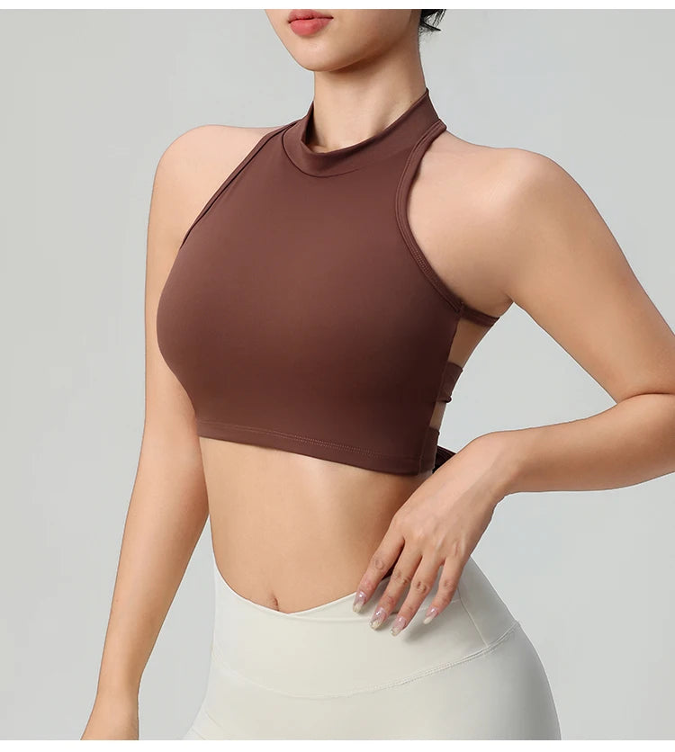 KiKis brown comfortable workout tank tops for women with high neck and racerback design