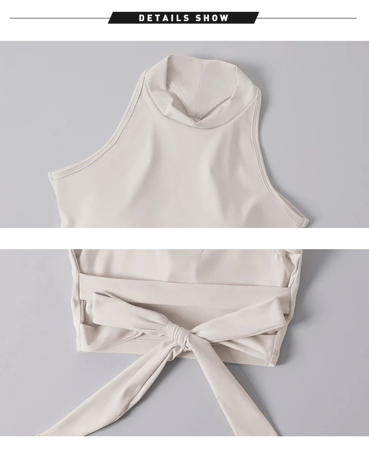 KiKis beige comfortable workout tank tops for women with high neck and tie-back detail