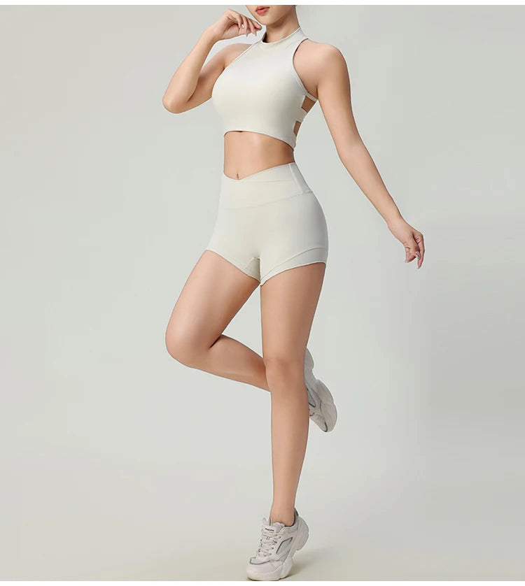 KiKis comfortable workout tank tops for women in light beige styled with matching high-waisted shorts
