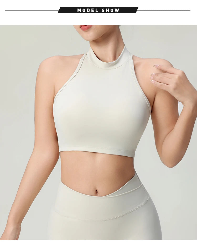 KiKis comfortable workout tank tops for women in light beige with high neck and sleeveless design