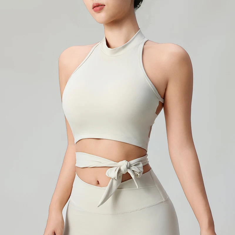 KiKis beige comfortable workout tank tops for women with high neck and wrap tie detail
