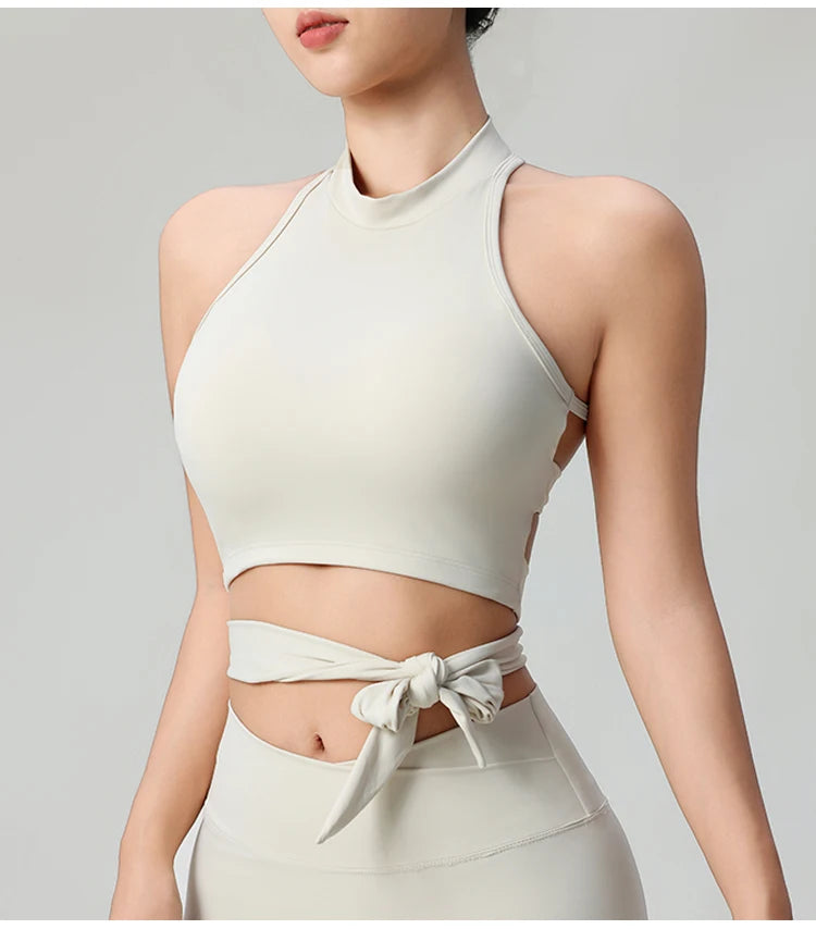KiKis stylish comfortable workout tank tops for women in light beige with tie waist detail