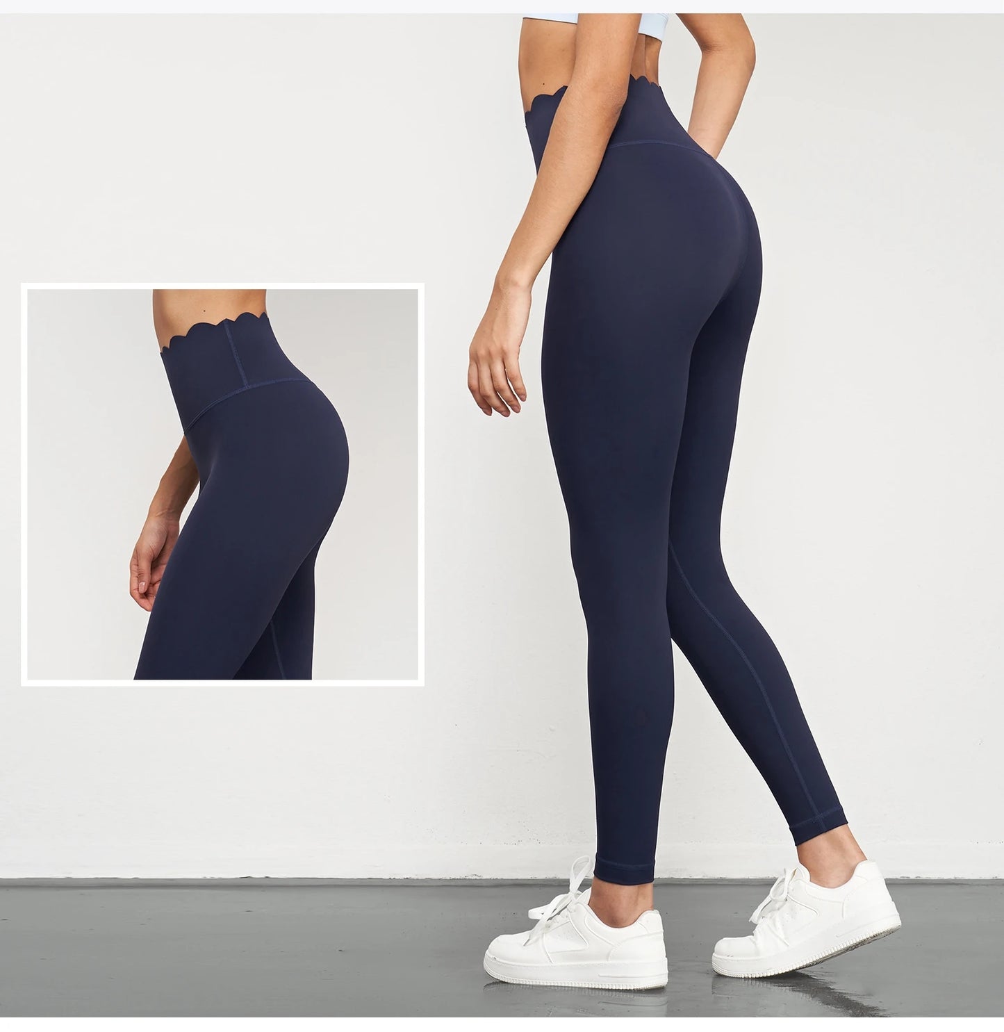 Women Seamless Lotus Arc Yoga Pants in navy blue featuring a scalloped high waist design