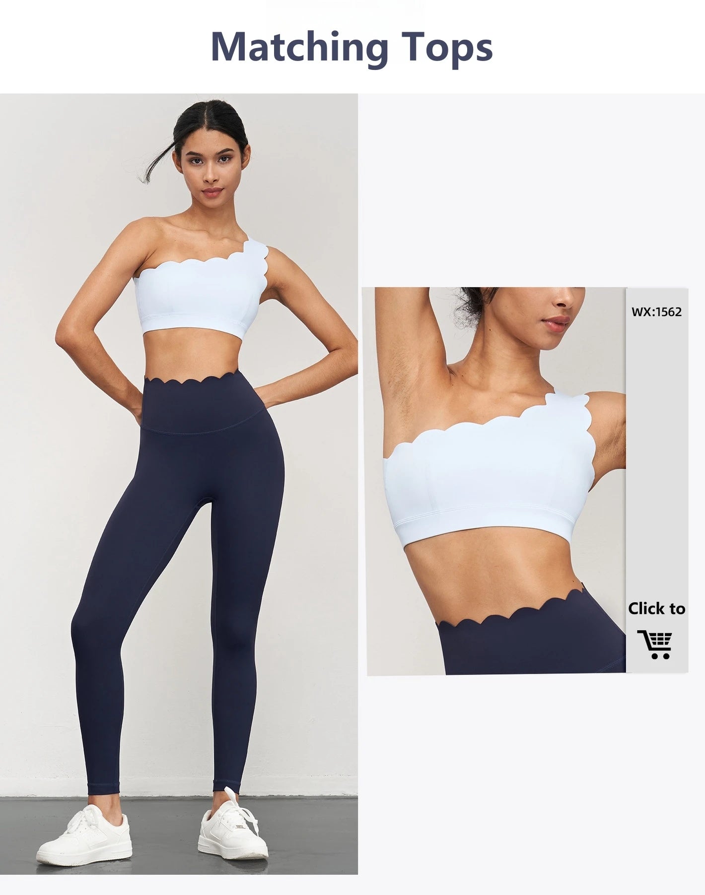 Women Seamless Lotus Arc Yoga Pants in navy blue worn with a white scalloped crop top by KiKis