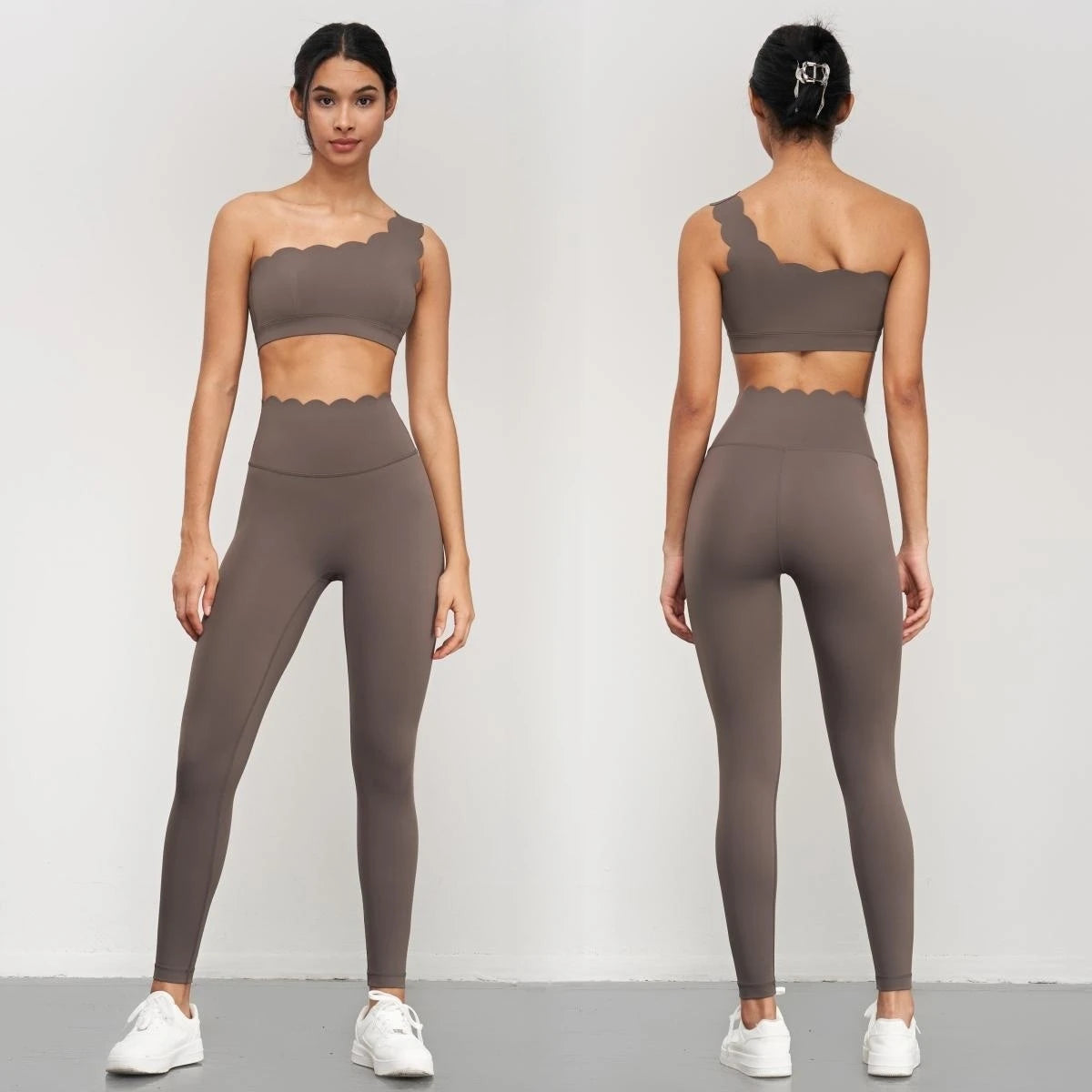 Women Seamless Lotus Arc Yoga Pants in brown high-waisted design shown front and back