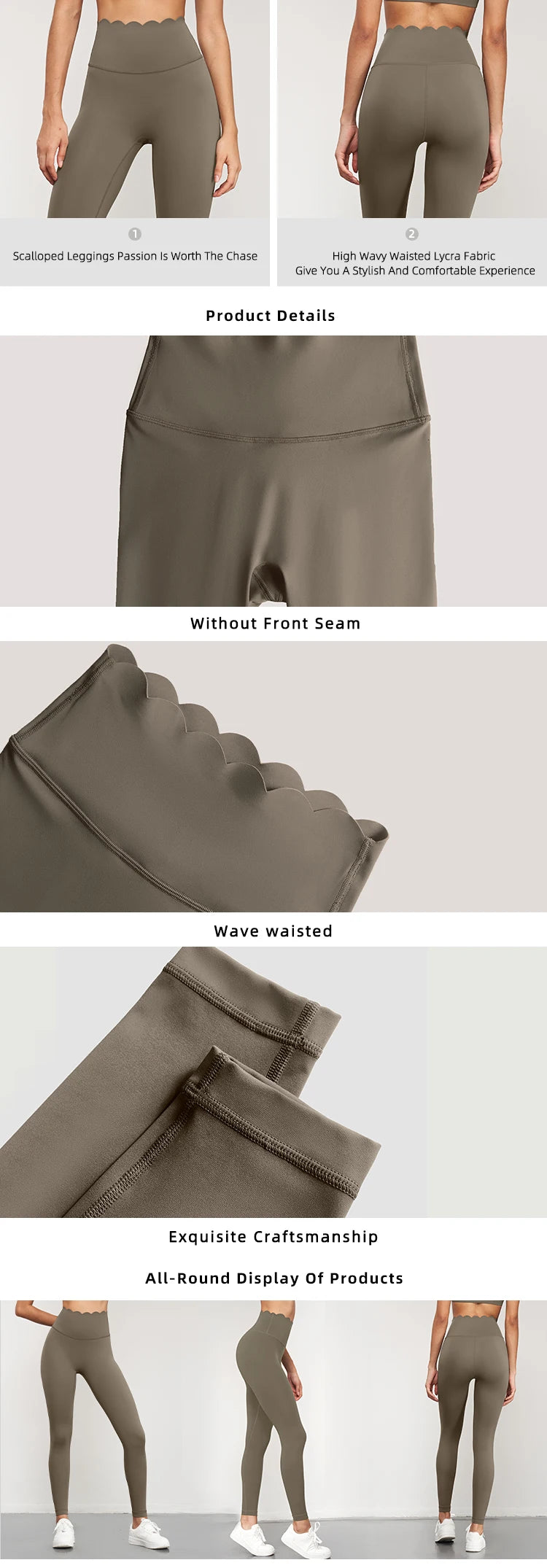 Women Seamless Lotus Arc Yoga Pants in olive green featuring scalloped waist, wave waistband, and seamless design for comfort and style