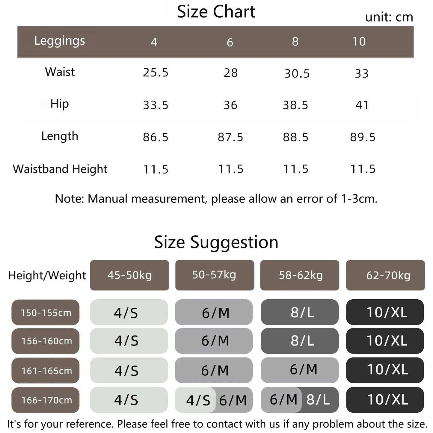 Size chart and size suggestions for Women Seamless Lotus Arc Yoga Pants by KiKis with measurements in centimeters