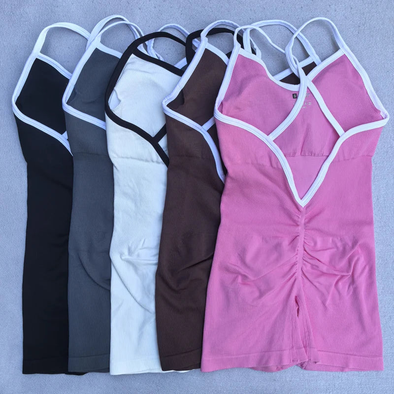 KiKis cross back strappy jumpsuit in black gray white brown and pink colors with white trim