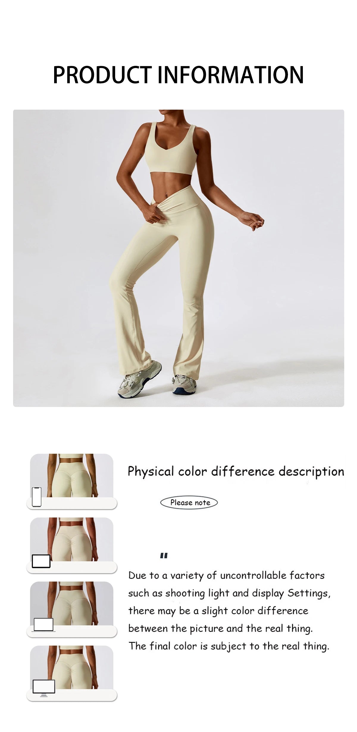 KiKis 2 piece workout set for women in beige featuring a cropped tank top and high-waisted flared leggings