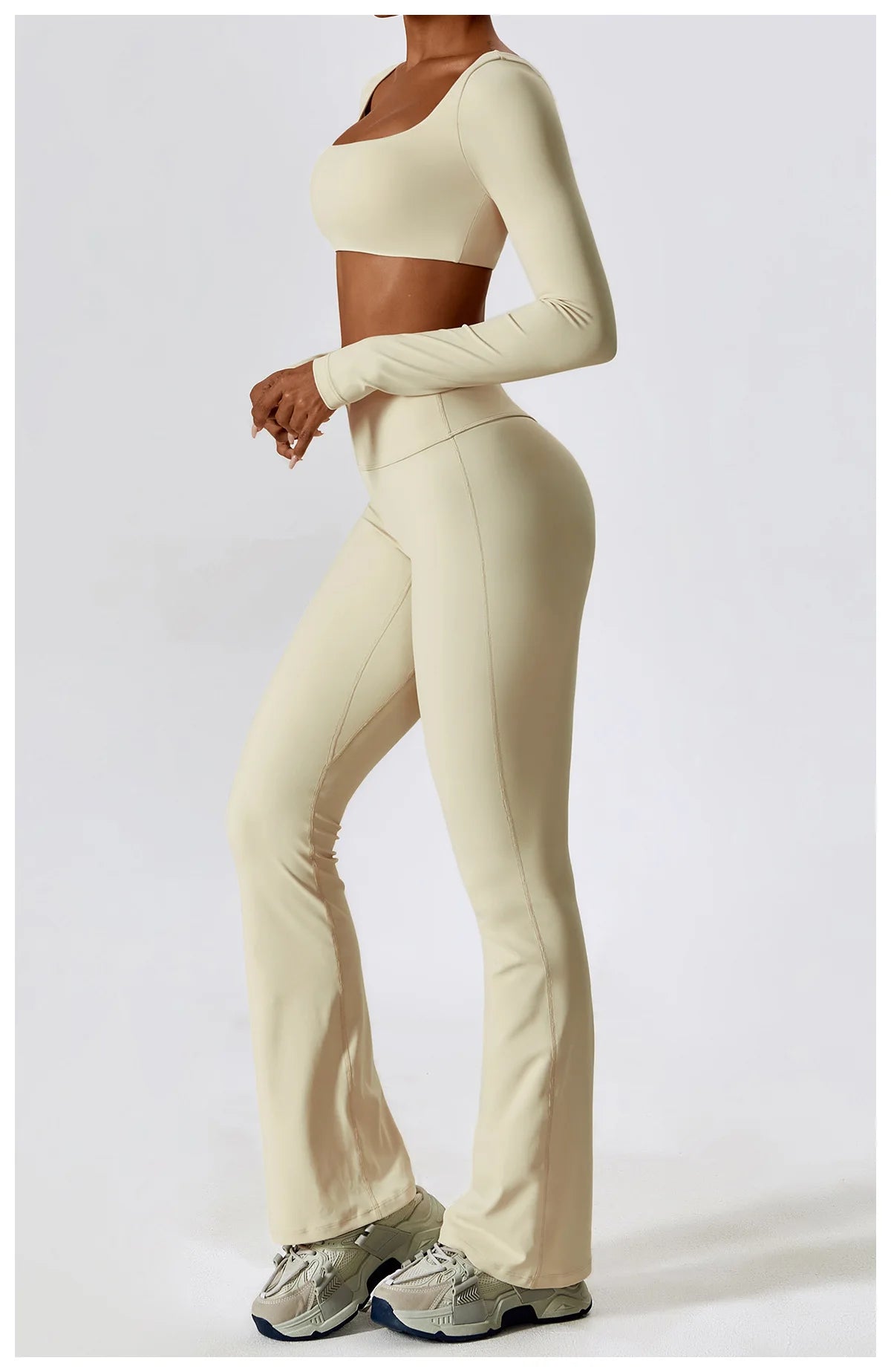 KiKis beige 2 piece workout set for women featuring long sleeve crop top and high waist leggings