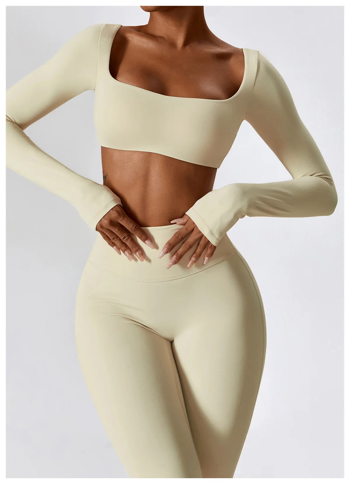 KiKis beige 2 piece workout set for women featuring long sleeves crop top and high-waisted leggings