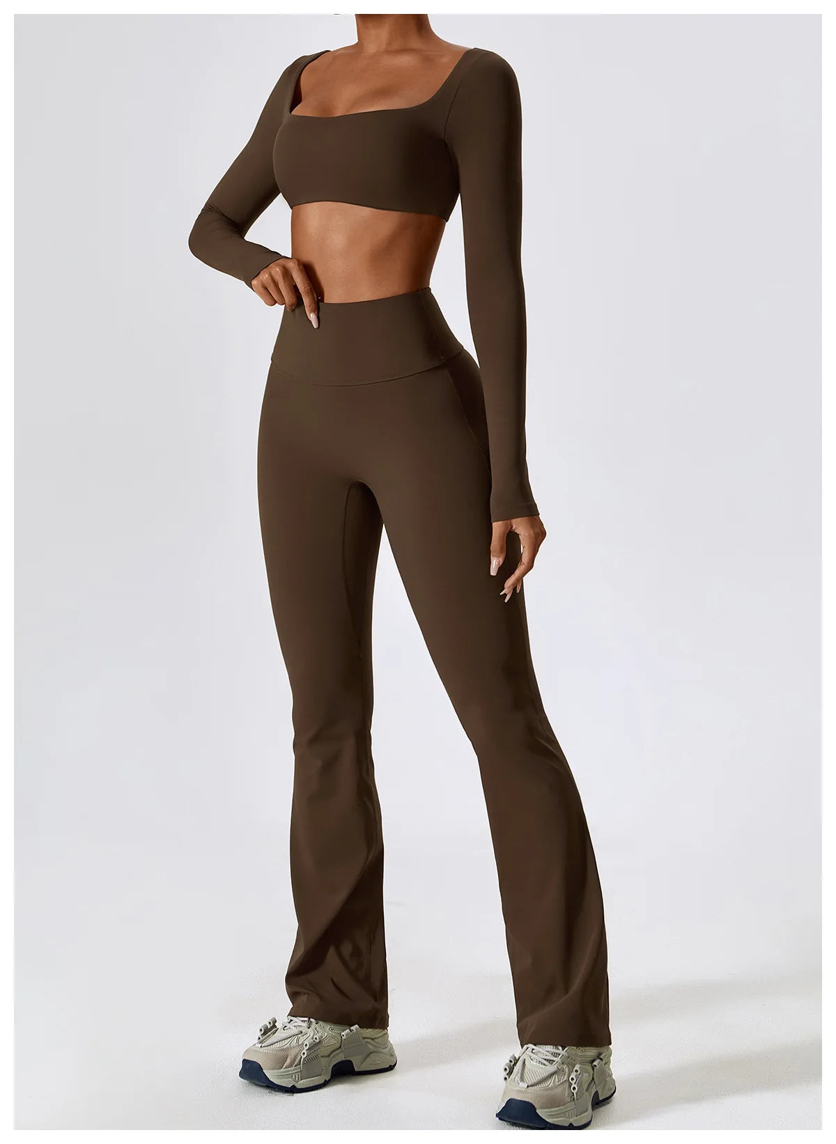 KiKis brown 2 piece workout set for women featuring long sleeve crop top and high waist leggings